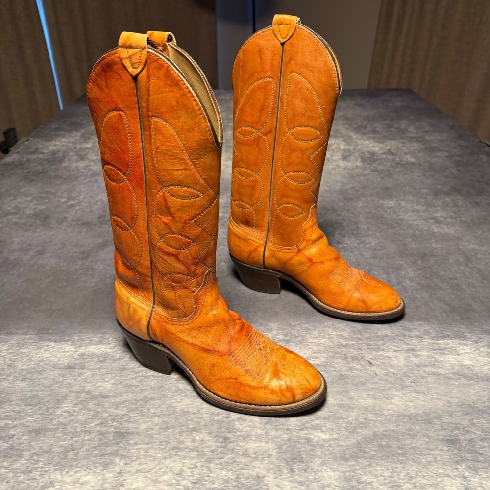 Vintage Wrangler Tan Leather Western Cowboy Boots Womens 6.5 D Made in USA